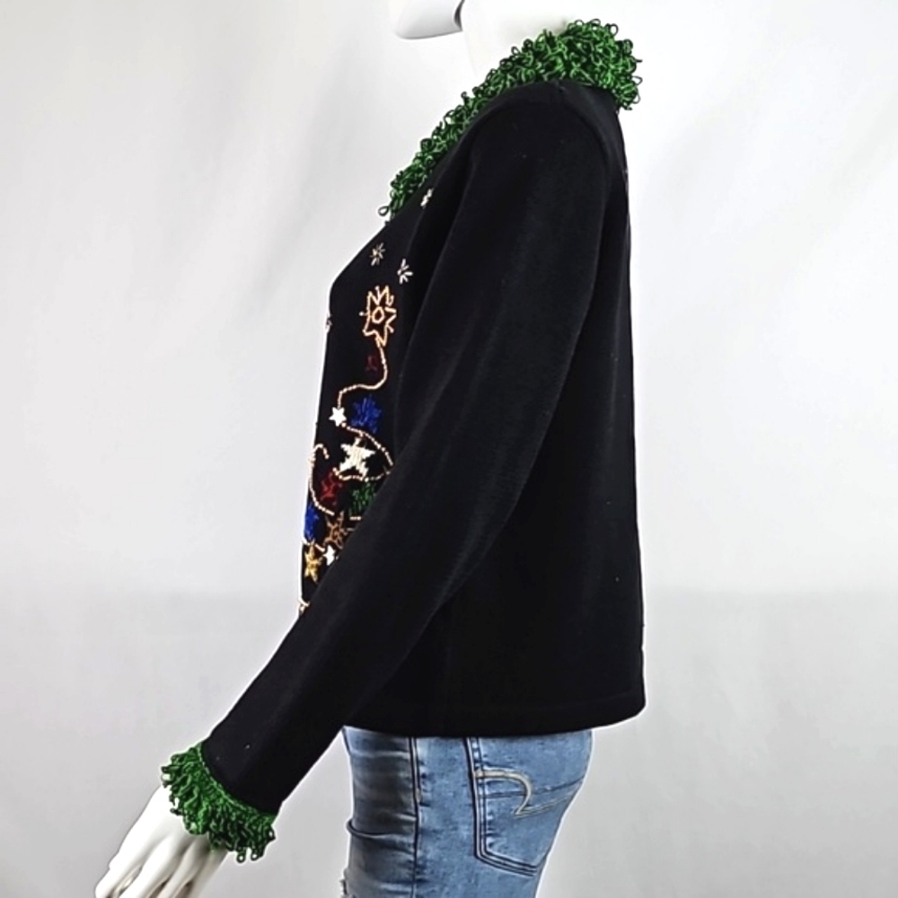 Vintage Berek Black Button Front Beaded Christmas Tree Cardigan Sweater - Picture 9 of 16